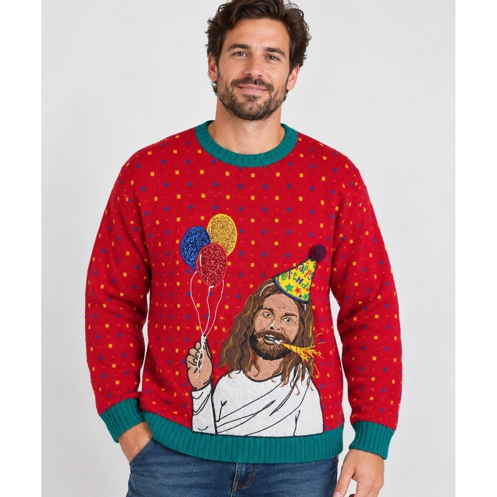 Blizzard Bay Jesus Birthday Party Ugly Christmas Sweater Men's XL Red Novelty